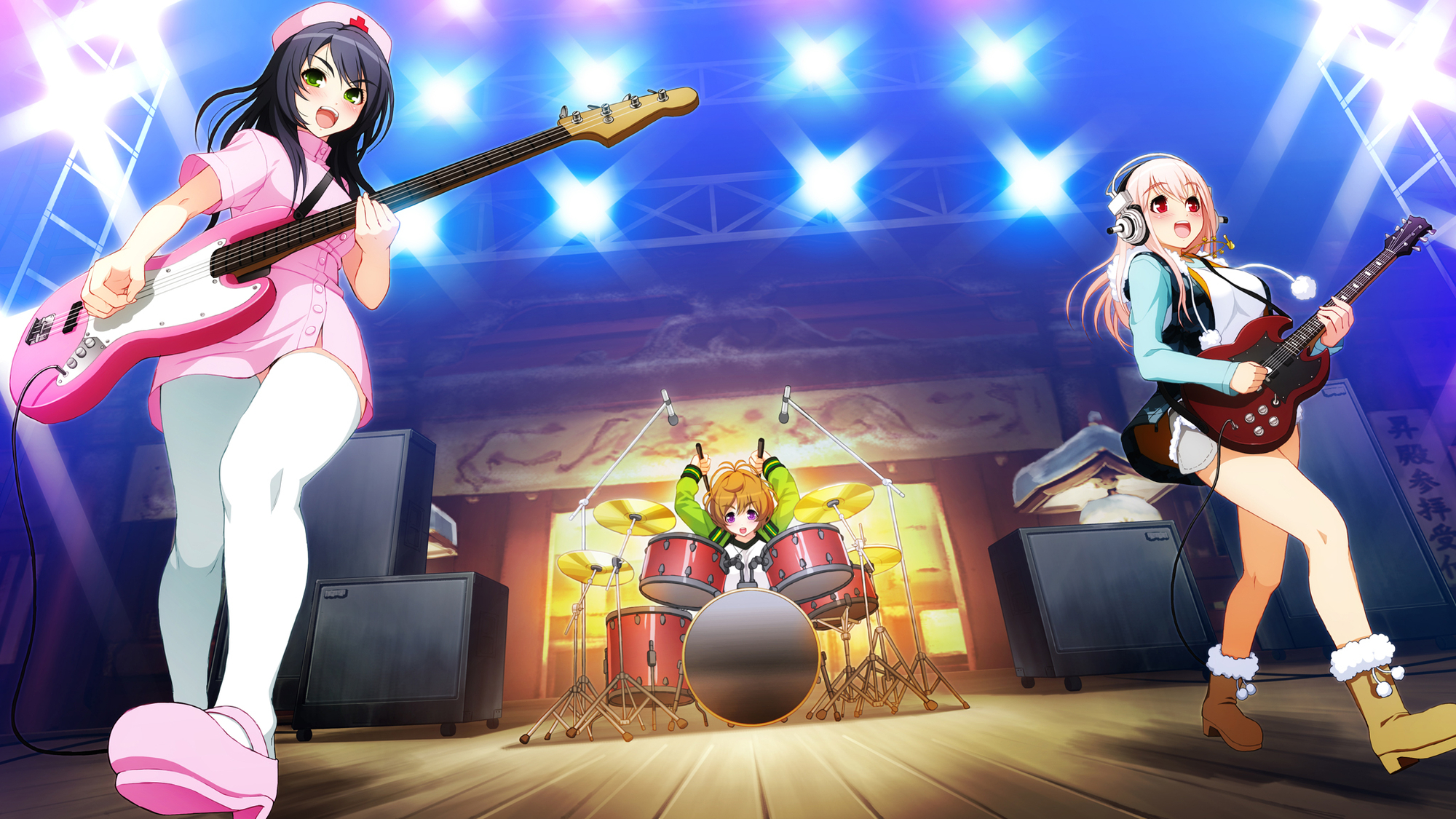 axanael, drums, fujimi_suzu, game_cg, guitar, headphones, instrument, nitroplus