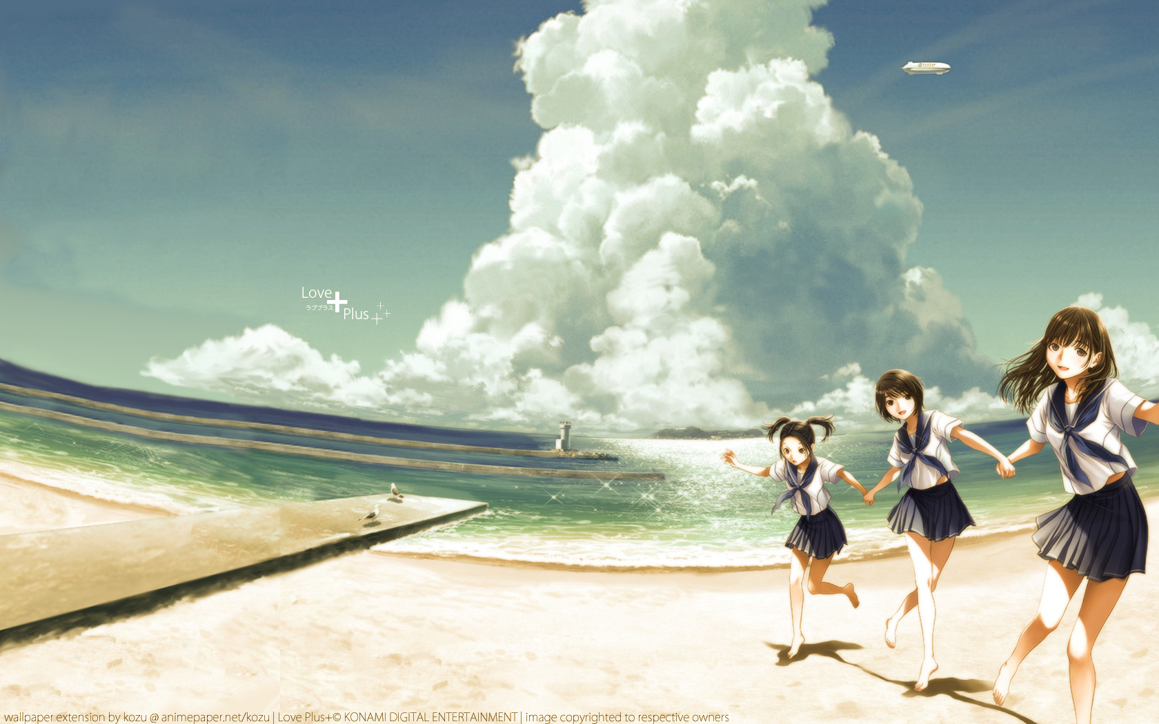 anegasaki_nene, animal, beach, bird, brown_eyes, brown_hair, clouds, kobayakawa_rinko