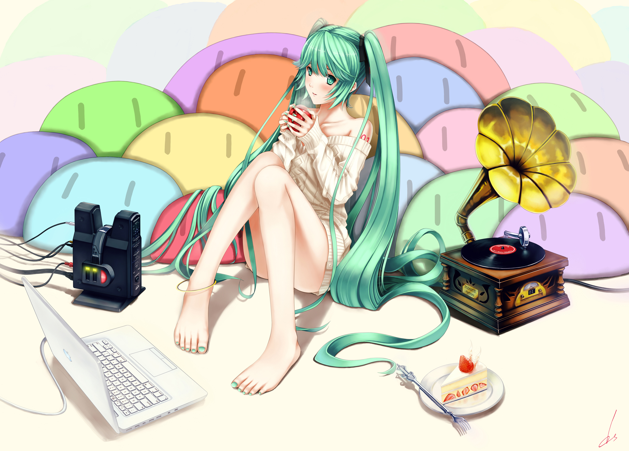aqua_eyes, aqua_hair, barefoot, cake, computer, dopollsogno, drink, food