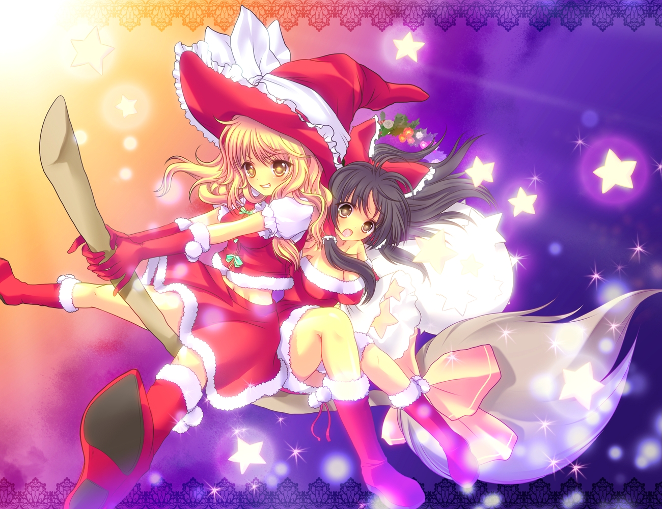 2girls, christmas, hakurei_reimu, kirisame_marisa, maryquant, touhou, witch