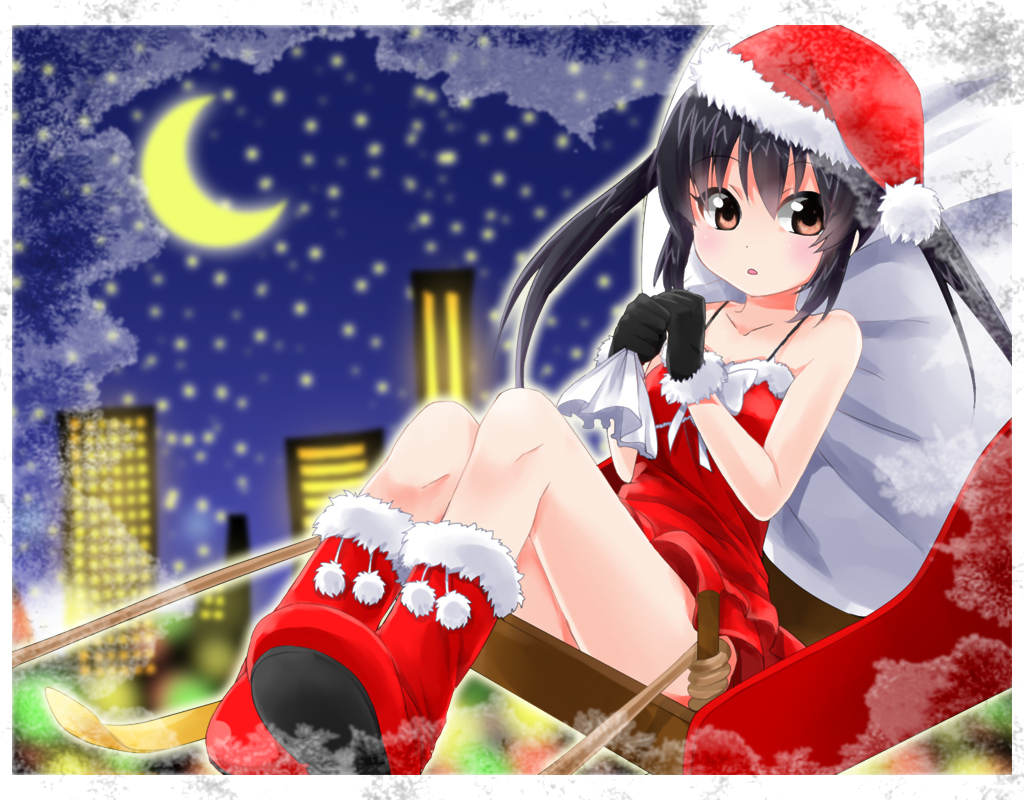 building, christmas, city, gloves, k-on!, moon, muta, nakano_azusa