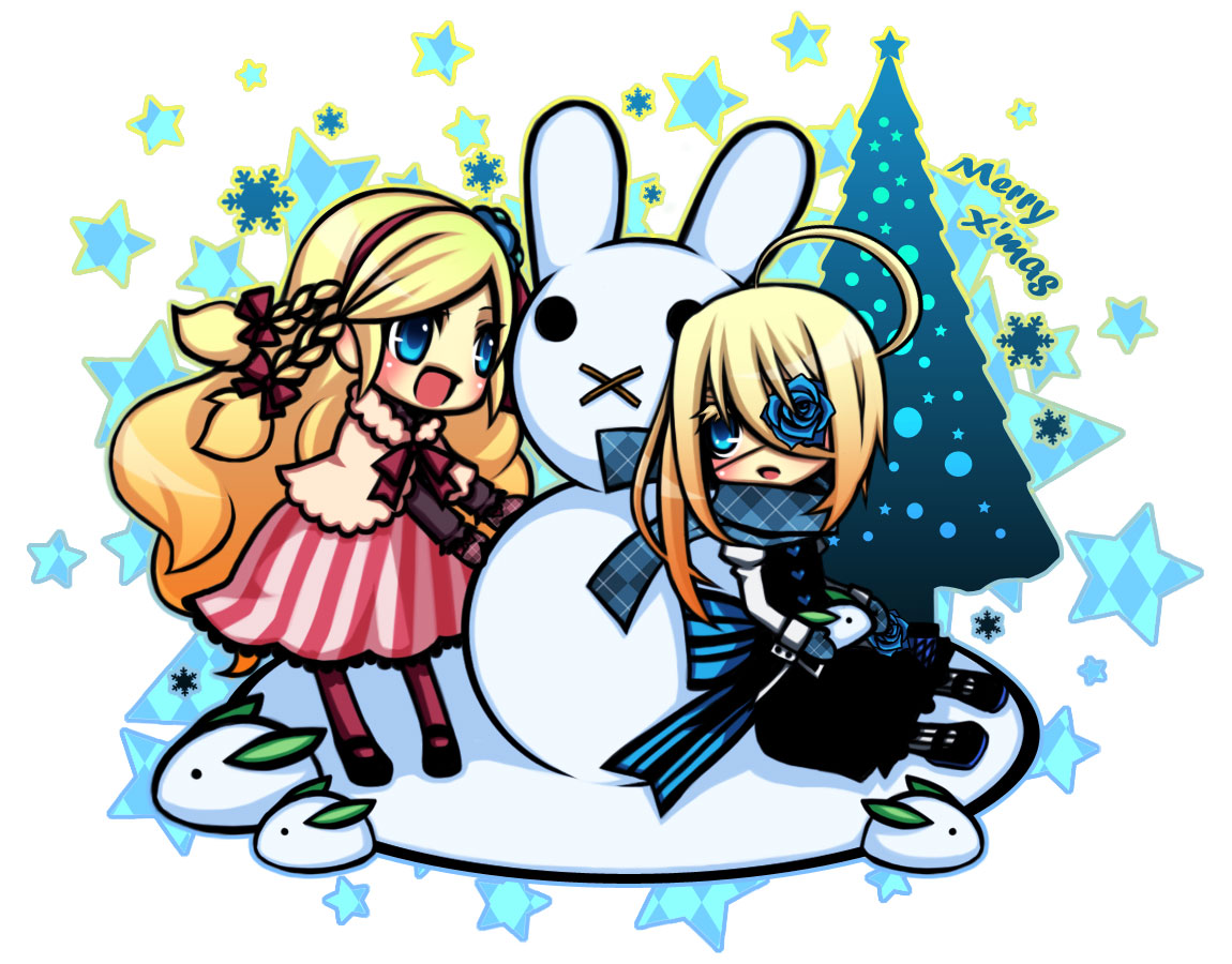 2girls, blonde_hair, blue_eyes, christmas, kuzuhara_kazuya, snow
