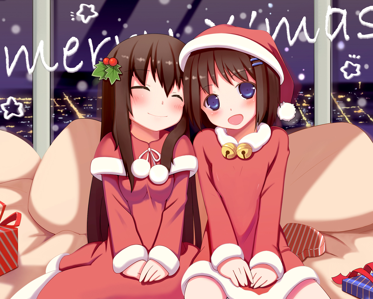 2girls, bell, blue_eyes, blush, brown_hair, building, christmas, city
