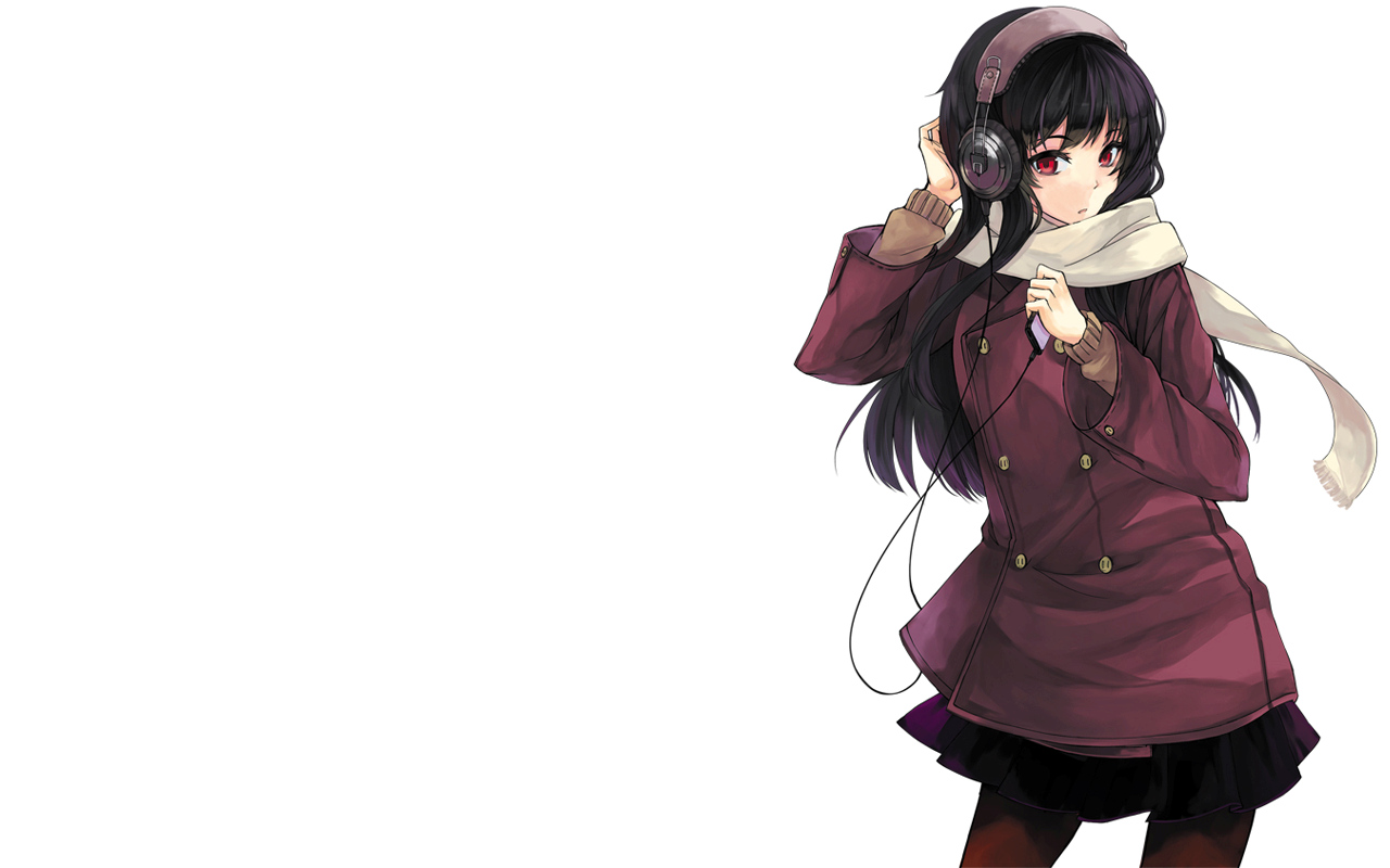 black_hair, headphones, long_hair, original, rage_(rojiura), red_eyes, scarf, skirt, stockings, white