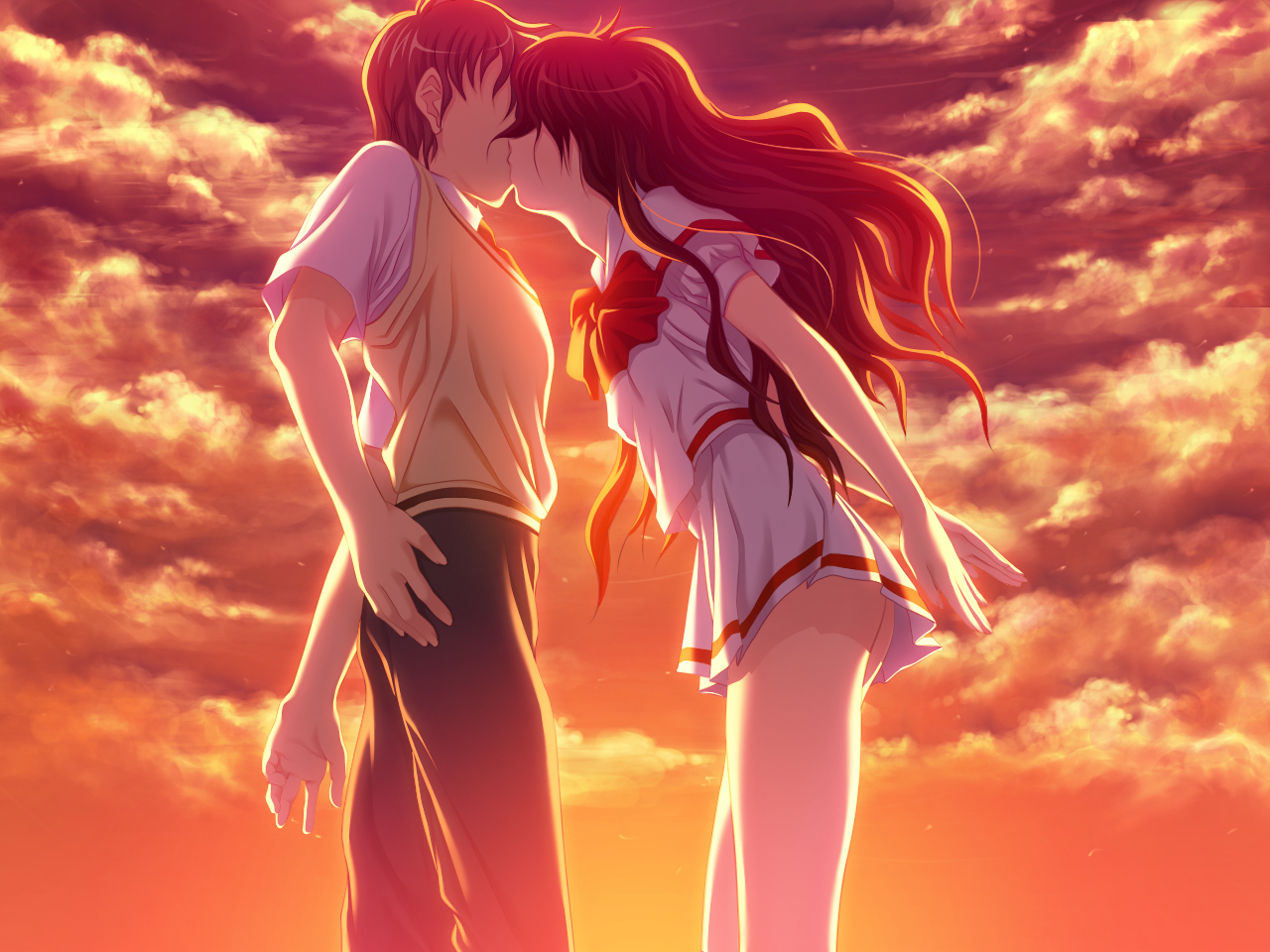 atelier_sakura, clouds, game_cg, hoka_no_otoko_no_seieki_de_harande_mo_ii_desu_ka, kiss, school_uniform, sky, sunset, tagme, wadatsumi_ikuo