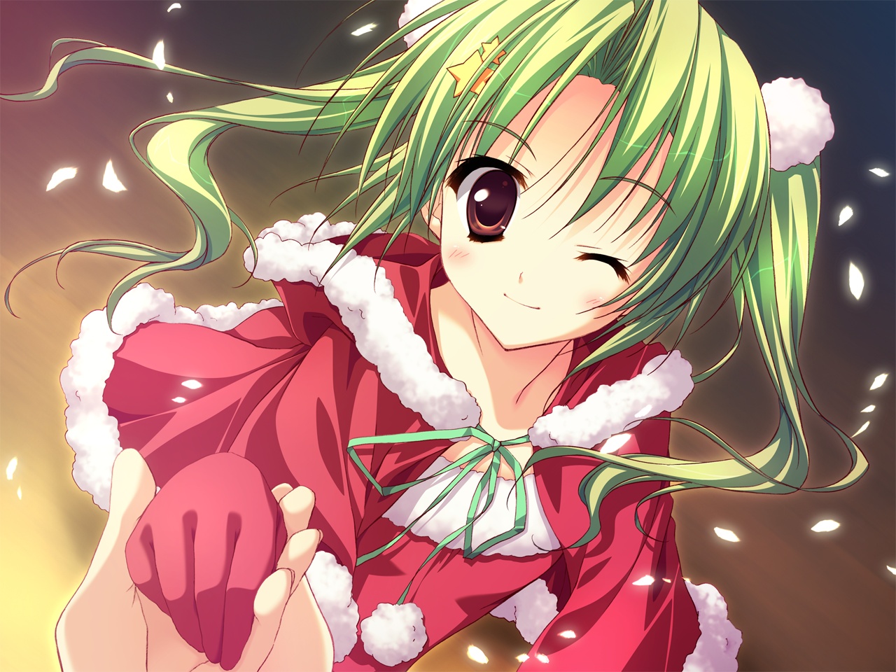 brown_eyes, christmas, feng, game_cg, gloves, green_hair, hoshizora_e_kakaru_hashi, ryohka, santa_costume, toudou_koyori, wink