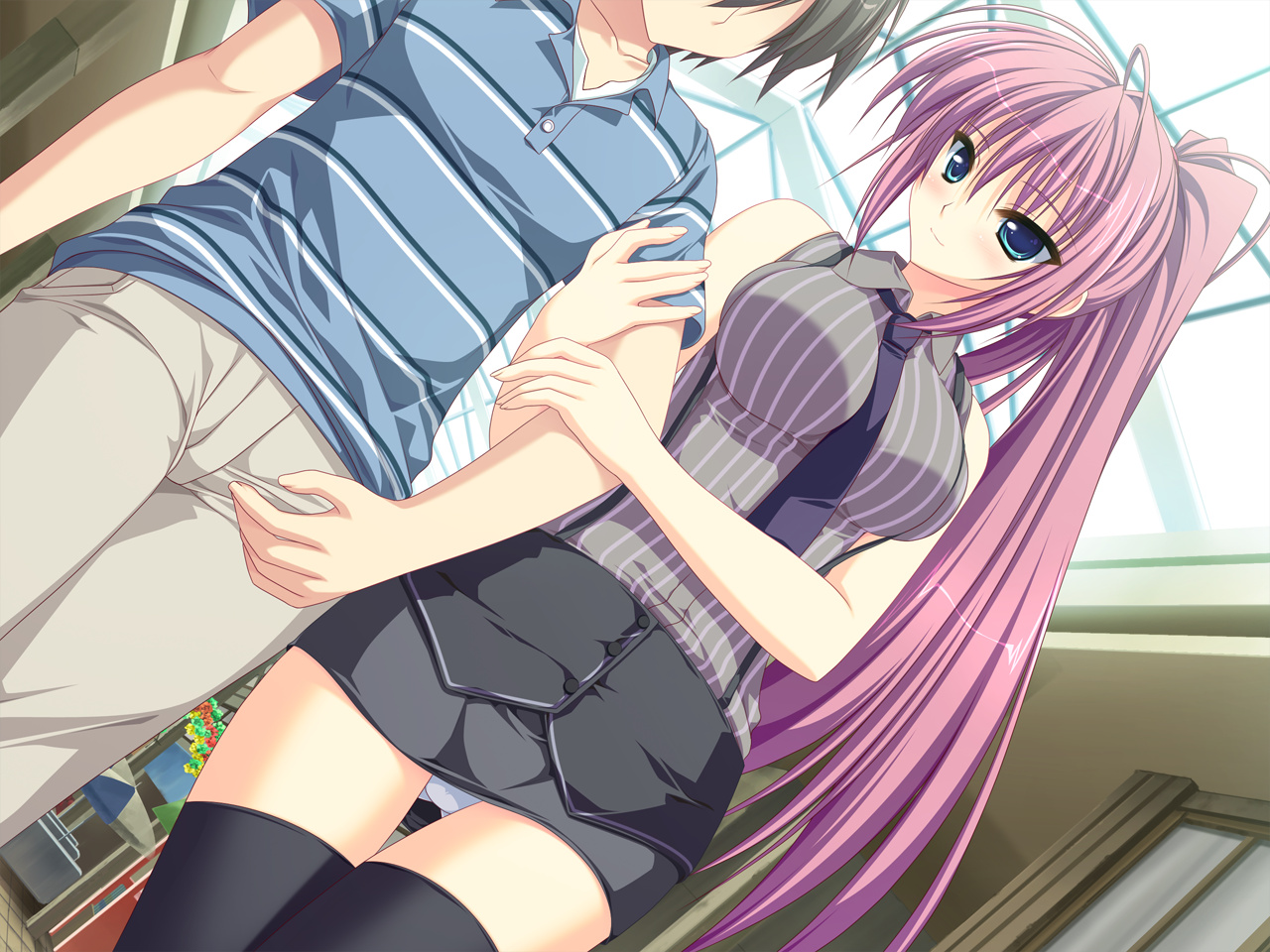 feng, game_cg, green_eyes, hoshizora_e_kakaru_hashi, long_hair, naturalton, panties, purple_hair, sakai_hina, tie, underwear