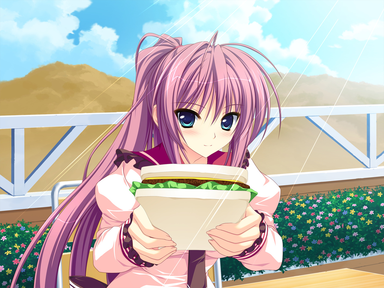 blush, clouds, feng, flowers, food, game_cg, green_eyes, hoshizora_e_kakaru_hashi
