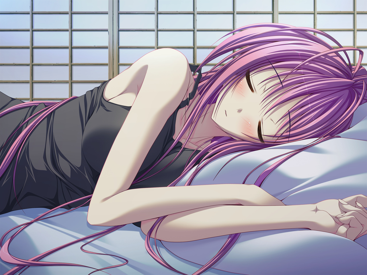 bed, feng, game_cg, hoshizora_e_kakaru_hashi, naturalton, purple_hair, sakai_hina, sleeping