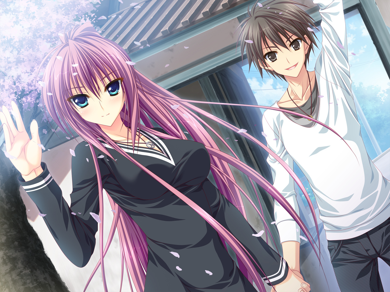 dress, feng, game_cg, green_eyes, hoshizora_e_kakaru_hashi, naturalton, necklace, petals