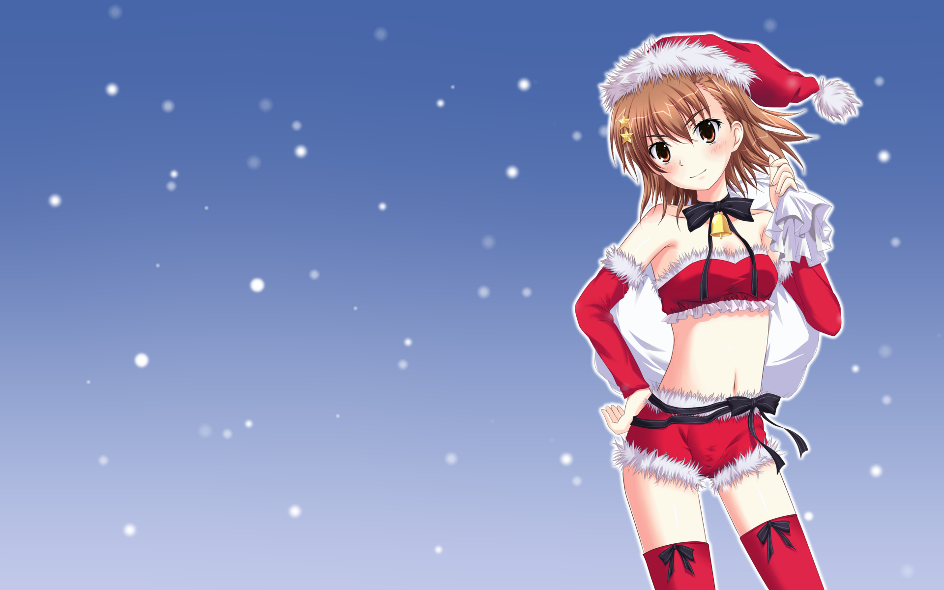 blush, bow, brown_eyes, brown_hair, christmas, gradient, hat, kamiko_to_seiryoku