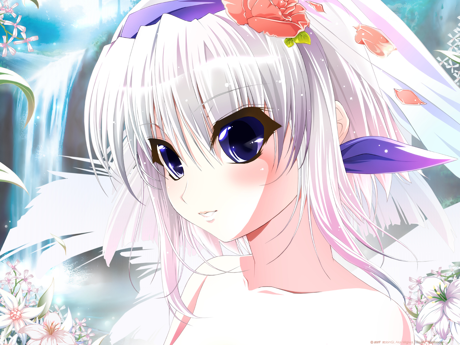 aoi_nagisa_(artist), blue_eyes, blush, cross_~kyouki_e_no_michi_shirube~, flowers, hikawa_shizuku, water, waterfall, white_hair