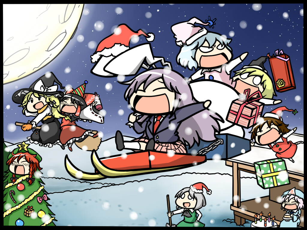 animal_ears, bunny_ears, bunnygirl, chibi, christmas, drink, gloves, group, hakurei_reimu, hat, hong_meiling, japanese_clothes, kirisame_marisa, konpaku_youmu, lunasa_prismriver, lyrica_prismriver, merlin_prismriver, miko, moon, myon, night, reisen_udongein_inaba, saigyouji_yuyuko, scarf, snow, touhou, tsunamayo, witch