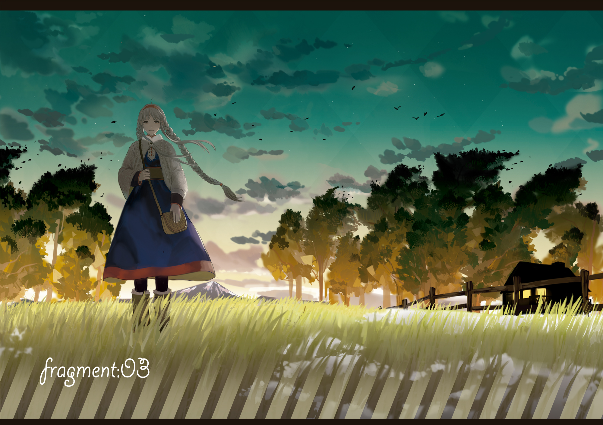 animal, bird, boots, braids, dress, landscape, pantyhose, scenic
