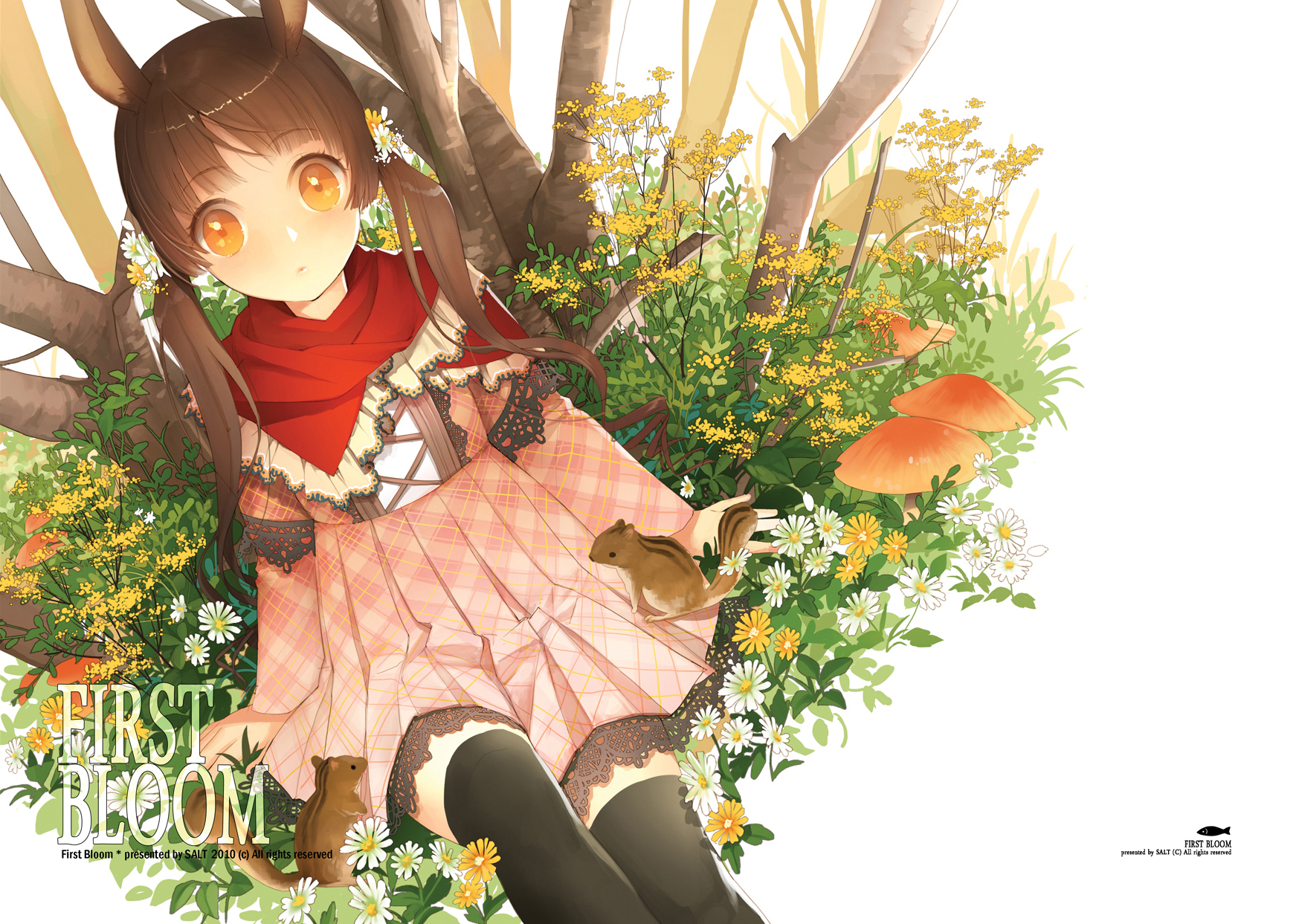 animal_ears, dress, flowers, original, salt_(salty), thighhighs, twintails