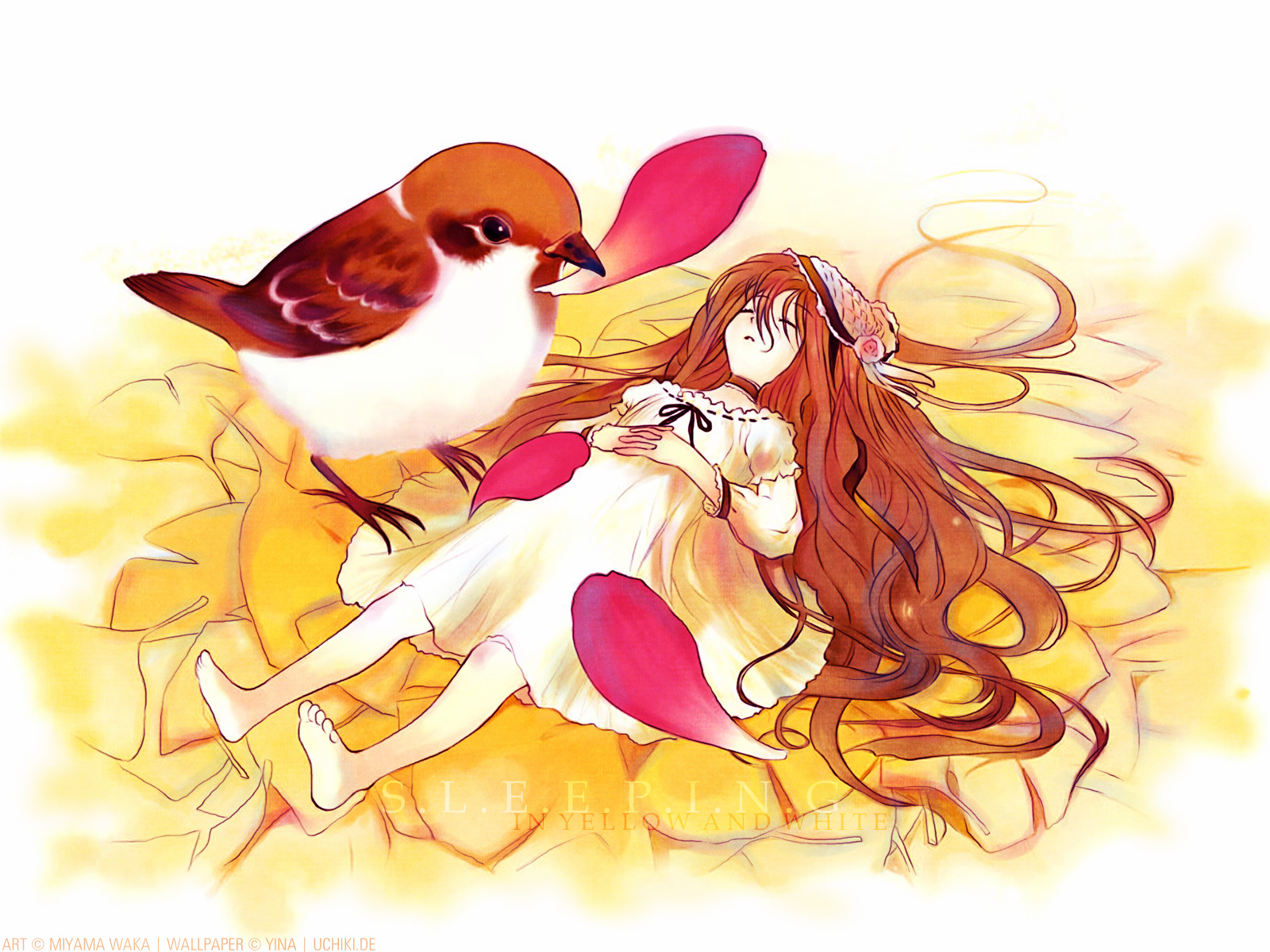 animal, bird, brown_hair, choker, dress, long_hair, miyama_waka, petals