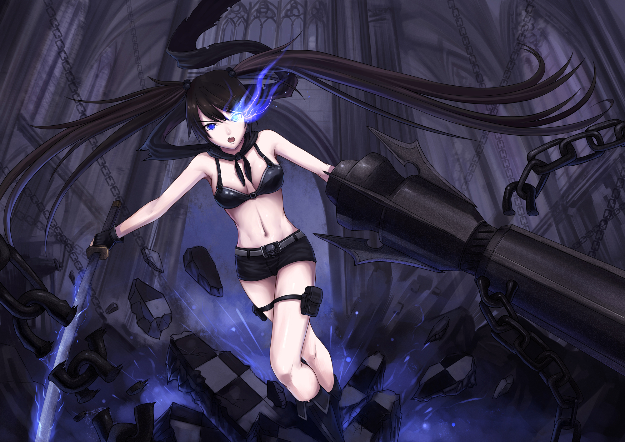 bikini_top, black_rock_shooter, blue_eyes, breasts, chain, cleavage, jun_(goodgun7), kuroi_mato, sword, twintails, weapon