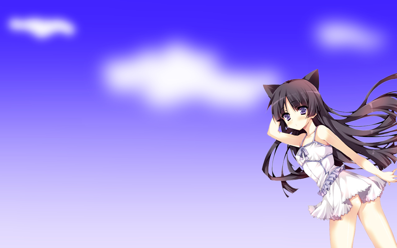 anapom, animal_ears, black_hair, blue, blush, clouds, dress, gokou_ruri