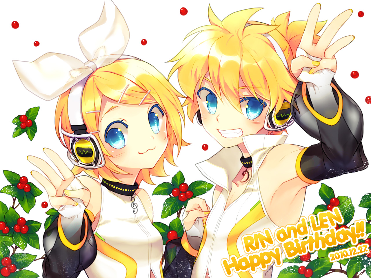 blonde_hair, blue_eyes, choker, food, fruit, headphones, jpeg_artifacts, kagamine_len