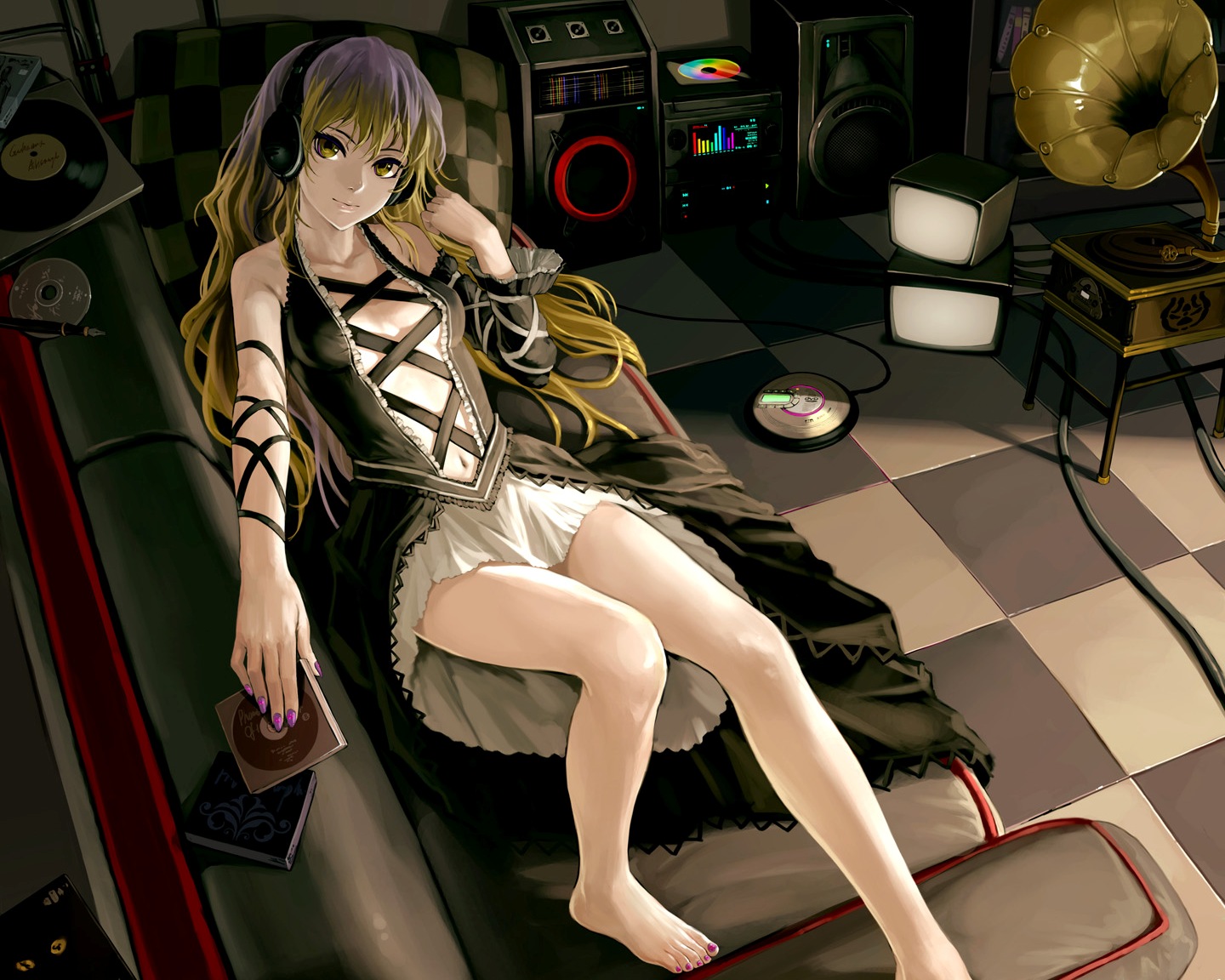 as109, barefoot, blonde_hair, breasts, cleavage, couch, cropped, dress, headphones, hijiri_byakuren, long_hair, navel, touhou, yellow_eyes