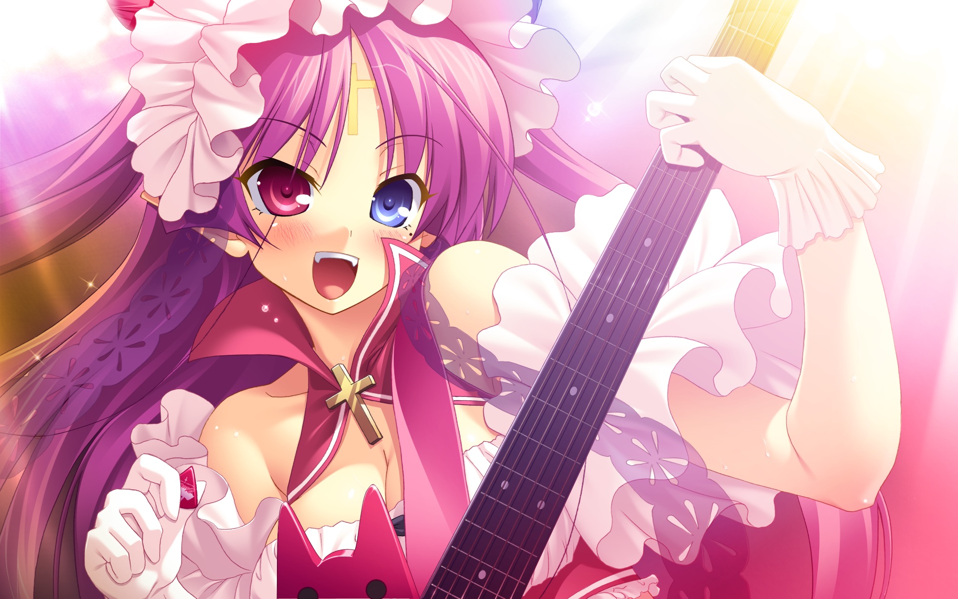 bicolored_eyes, chua_churam, chu_chu_idol, chu_x_chu, game_cg, guitar, instrument, ozawa_akifumi, pink_hair, pointed_ears, unisonshift
