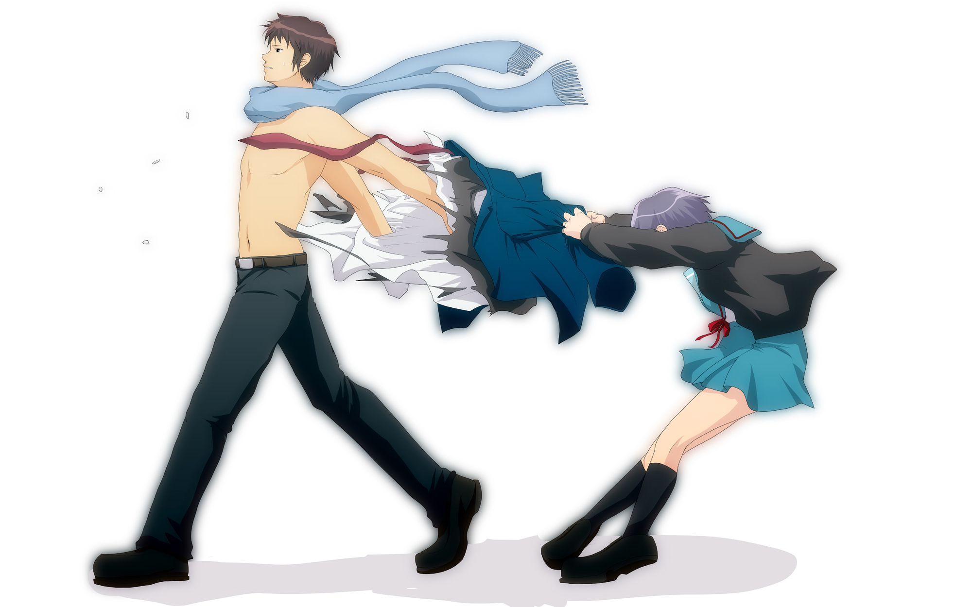 aliasing, kyon, male, nagato_yuki, okiron, school_uniform, suzumiya_haruhi_no_yuutsu, torn_clothes, white