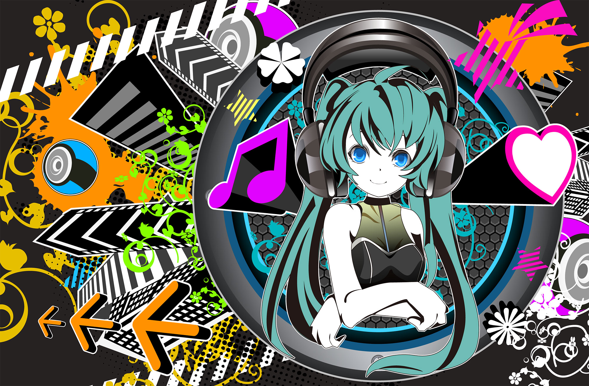 aqua_hair, blue_eyes, hatsune_miku, headphones, jpeg_artifacts, sakisato_kiriko, twintails, vocaloid