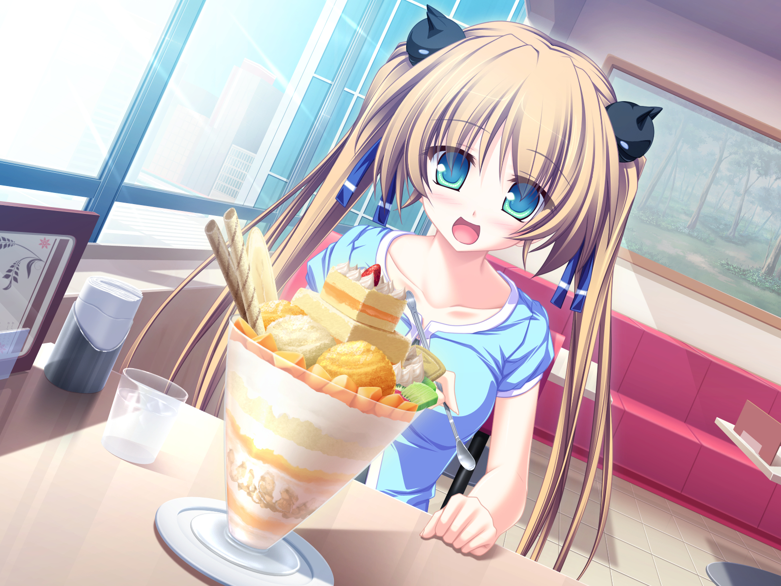 aqua_eyes, blush, brown_hair, food, game_cg, hisagihara_ui, ice_cream, suzukaze_no_melt