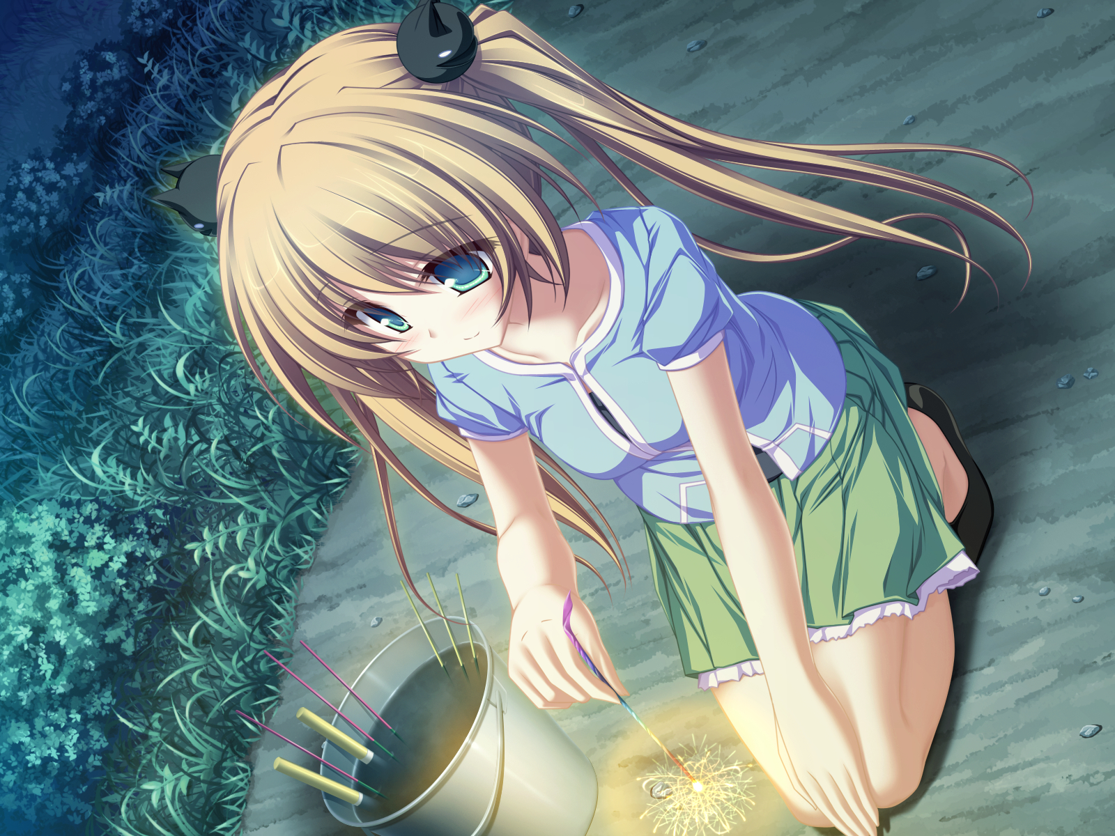 aqua_eyes, brown_hair, game_cg, grass, hisagihara_ui, night, skirt, suzukaze_no_melt