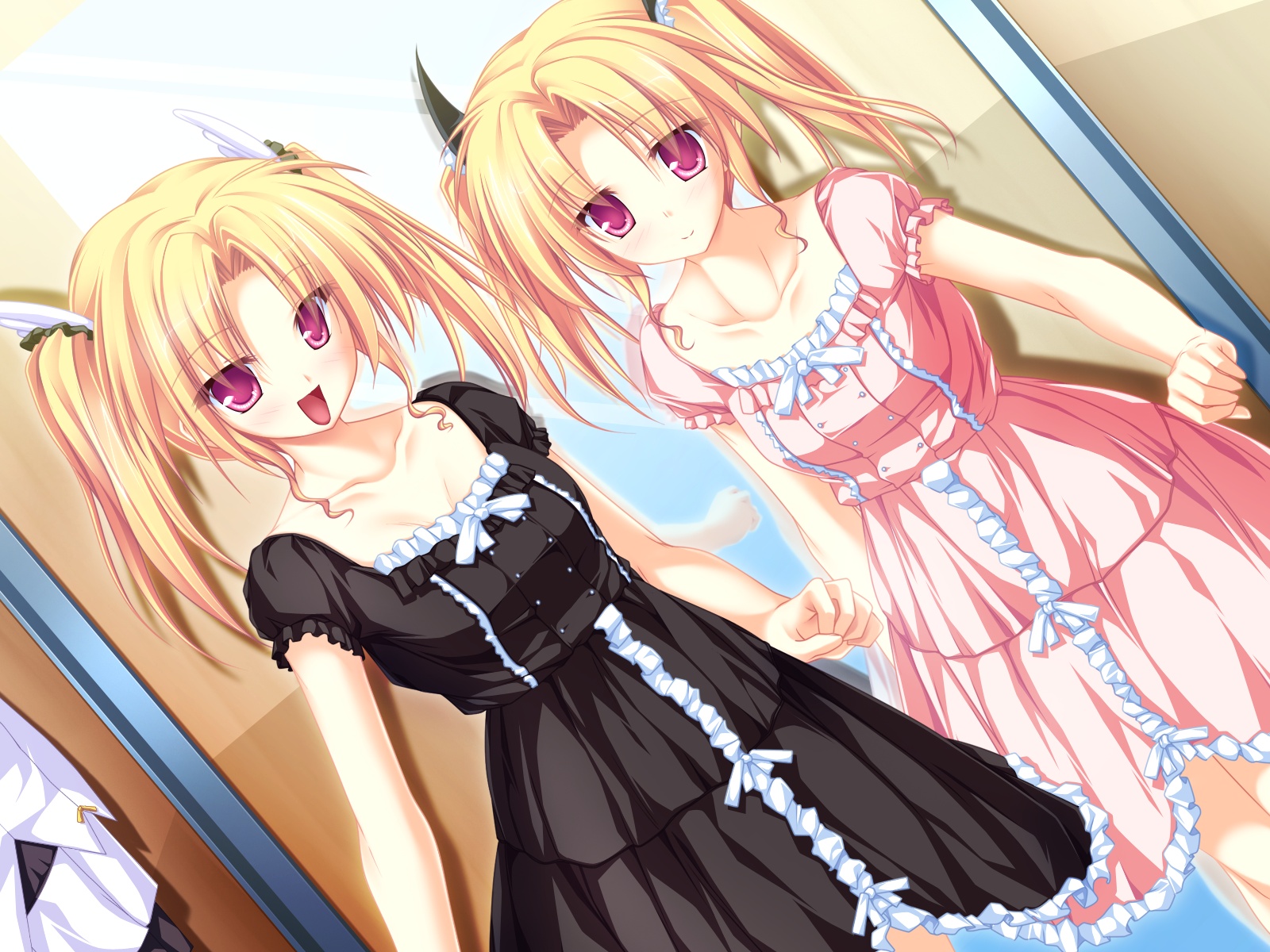 blonde_hair, game_cg, magus_tale, nina_geminis, red_eyes, rena_geminis, tenmaso, twins, twintails, whirlpool