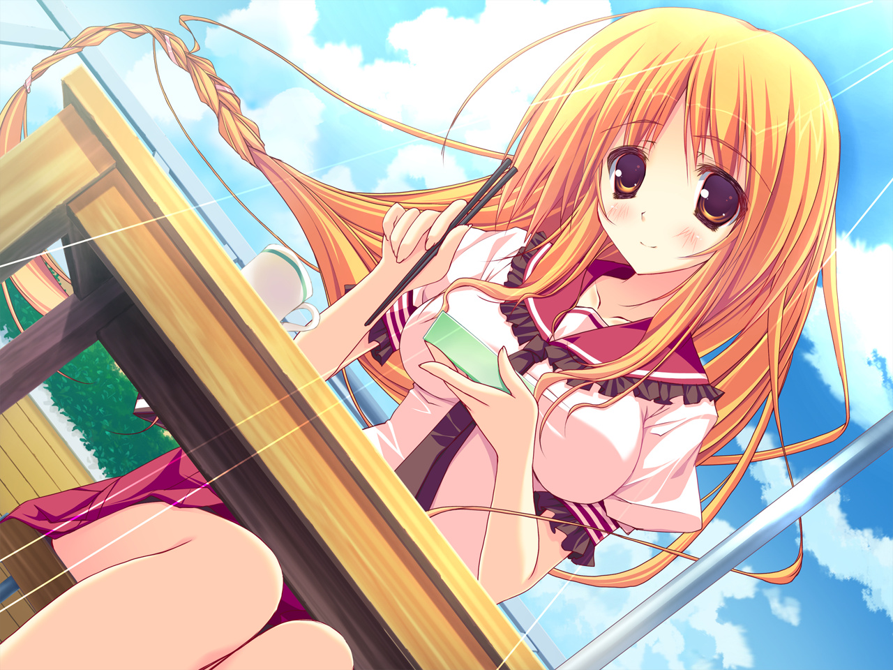 blush, clouds, feng, game_cg, hoshizora_e_kakaru_hashi, orange_eyes, orange_hair, school_uniform, sky, toudou_tsumugi, tsurusaki_takahiro