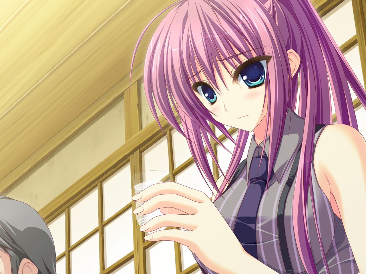 drink, feng, game_cg, green_eyes, hoshizora_e_kakaru_hashi, naturalton, purple_hair, sakai_hina