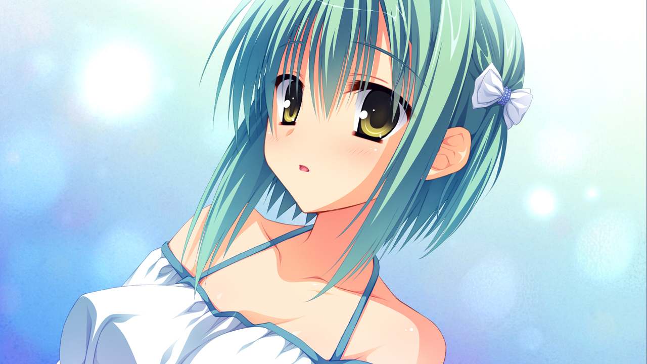aqua_hair, close, dress, game_cg, muririn, noble_works, short_hair, summer_dress, tsukiyama_sena, yellow_eyes, yuzusoft