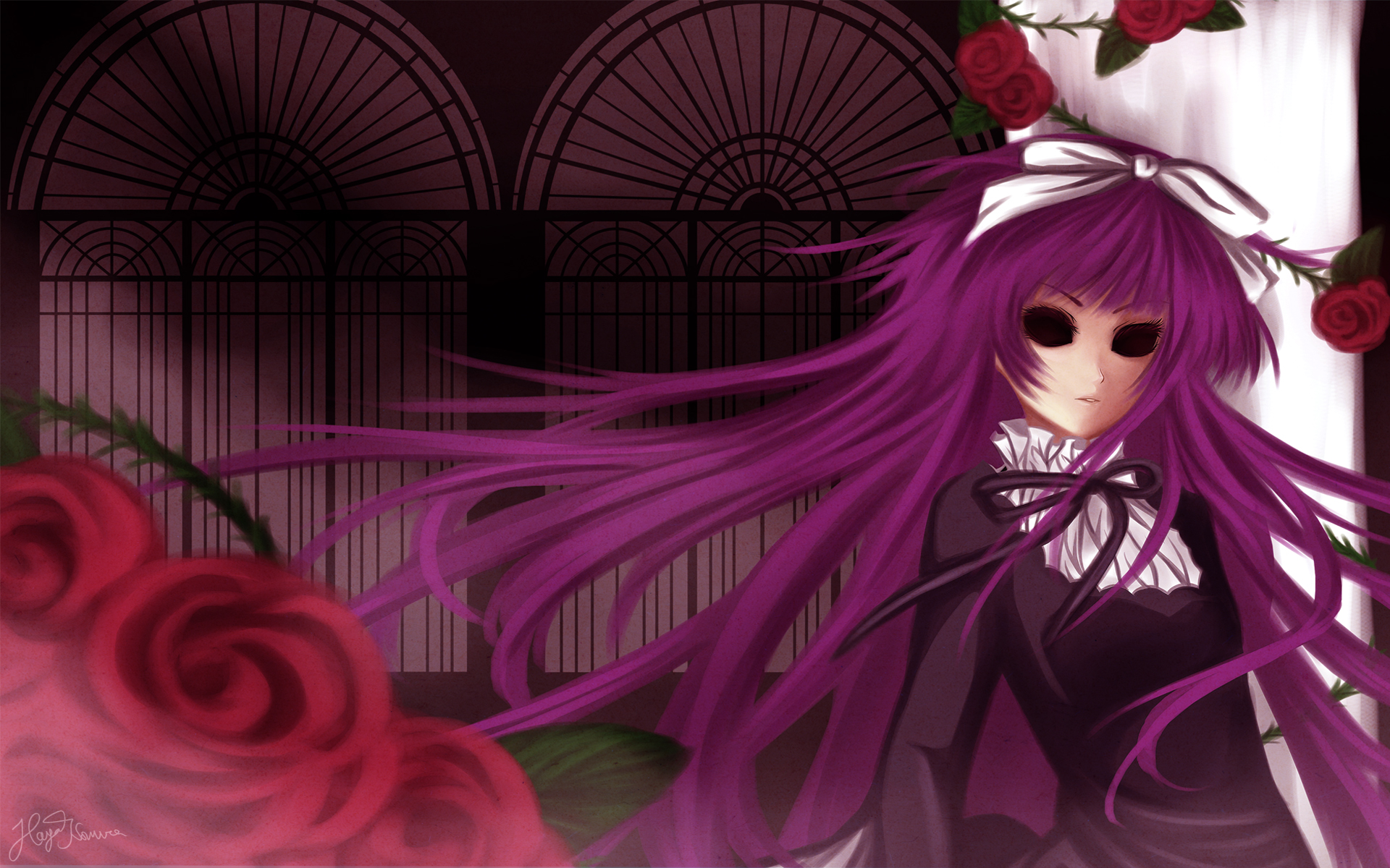 flowers, kirishiki_sunako, purple_hair, shiki