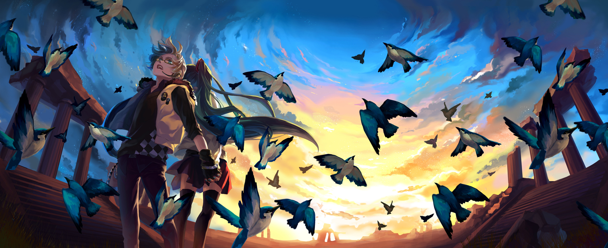 animal, bird, blonde_hair, clouds, glasses, green_hair, hatsune_miku, headphones