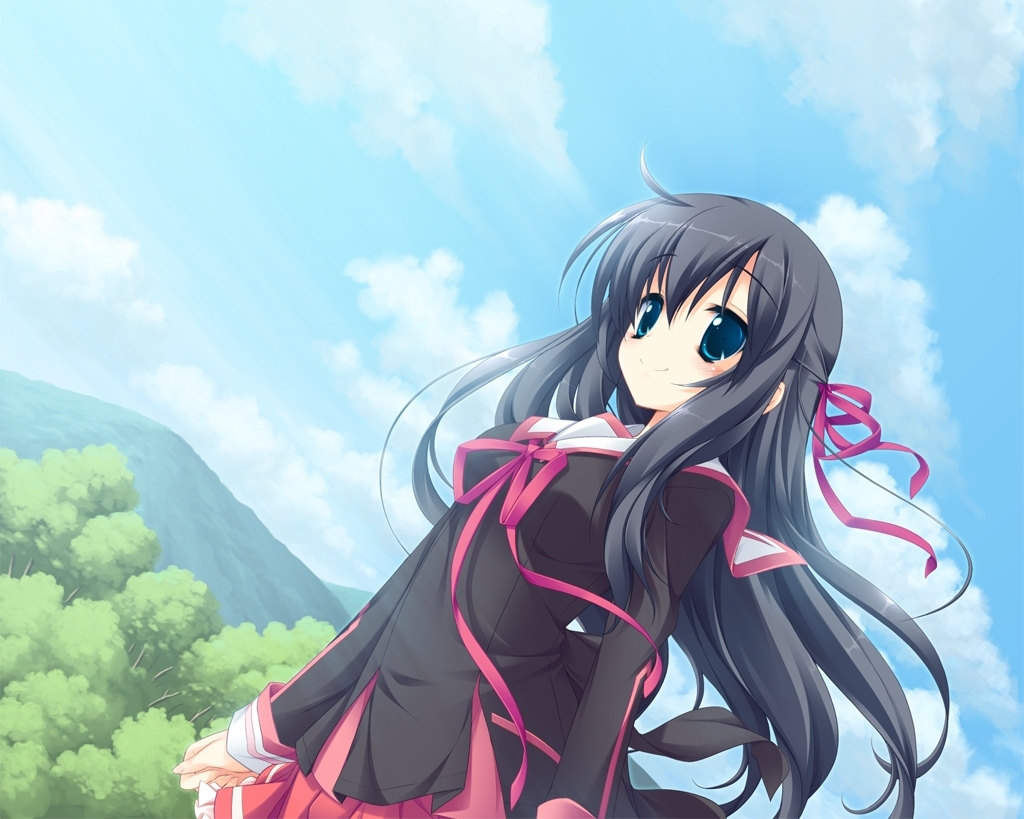 black_hair, blue_eyes, clouds, game_cg, kanou_kayoko, koiiro_soramoyou, long_hair, lucie
