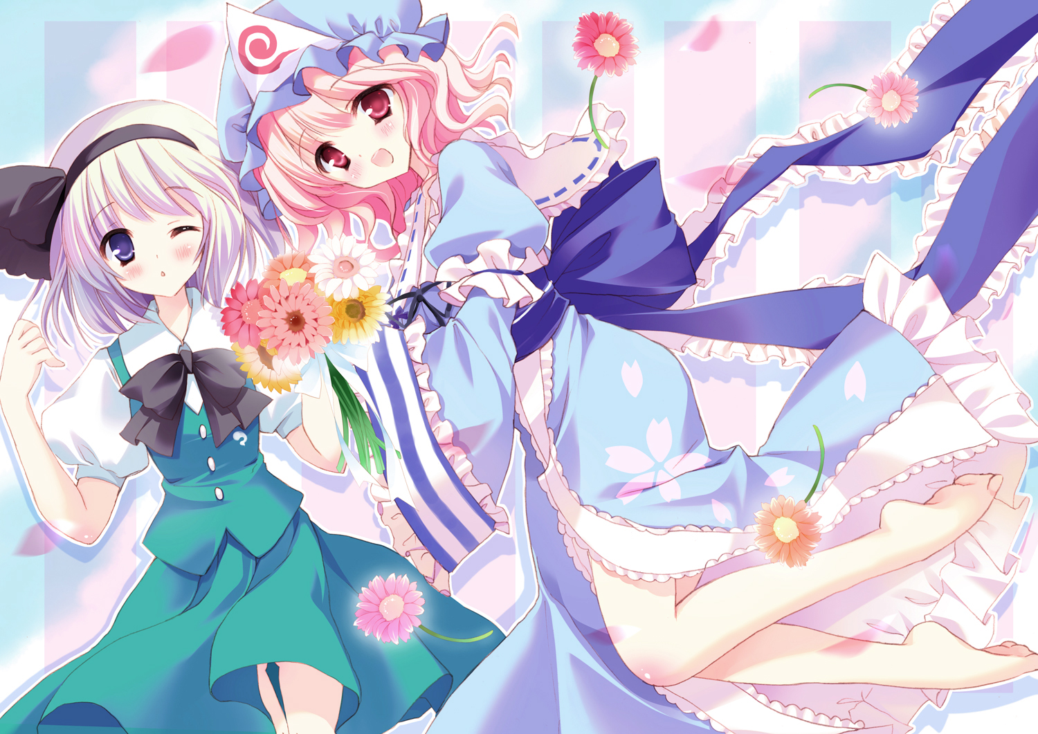 2girls, blush, bow, flowers, headband, konpaku_youmu, mamita, pink_hair