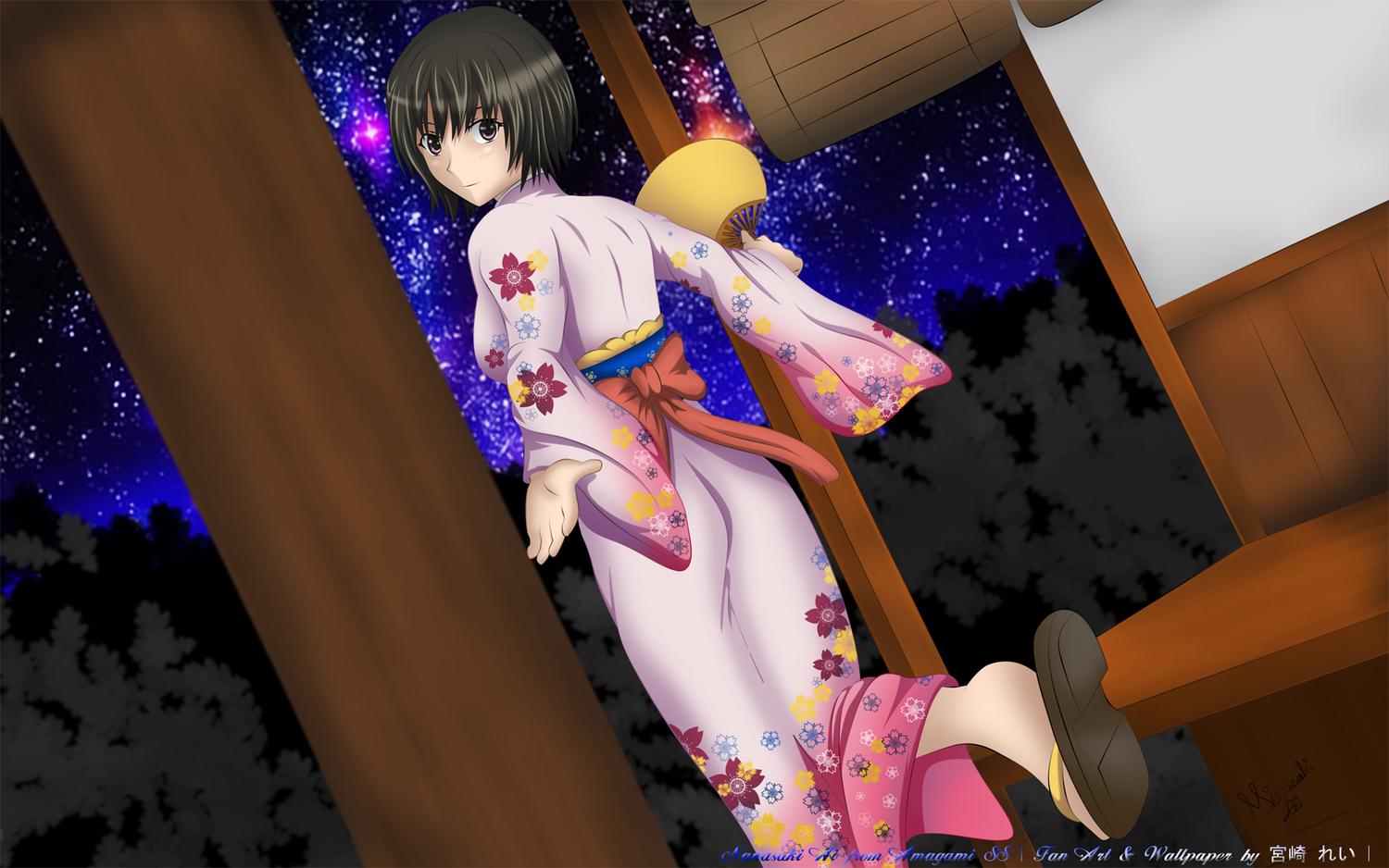 amagami, black_hair, fan, japanese_clothes, kimono, miyazaki_rei, nanasaki_ai, short_hair
