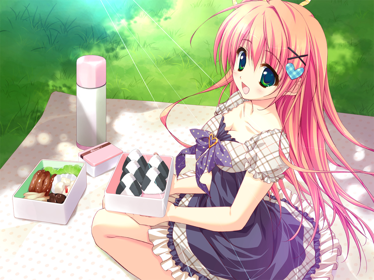 breasts, cleavage, dress, feng, food, game_cg, grass, hoshizora_e_kakaru_hashi, long_hair, nakatsugawa_ui, orange_hair, ryohka