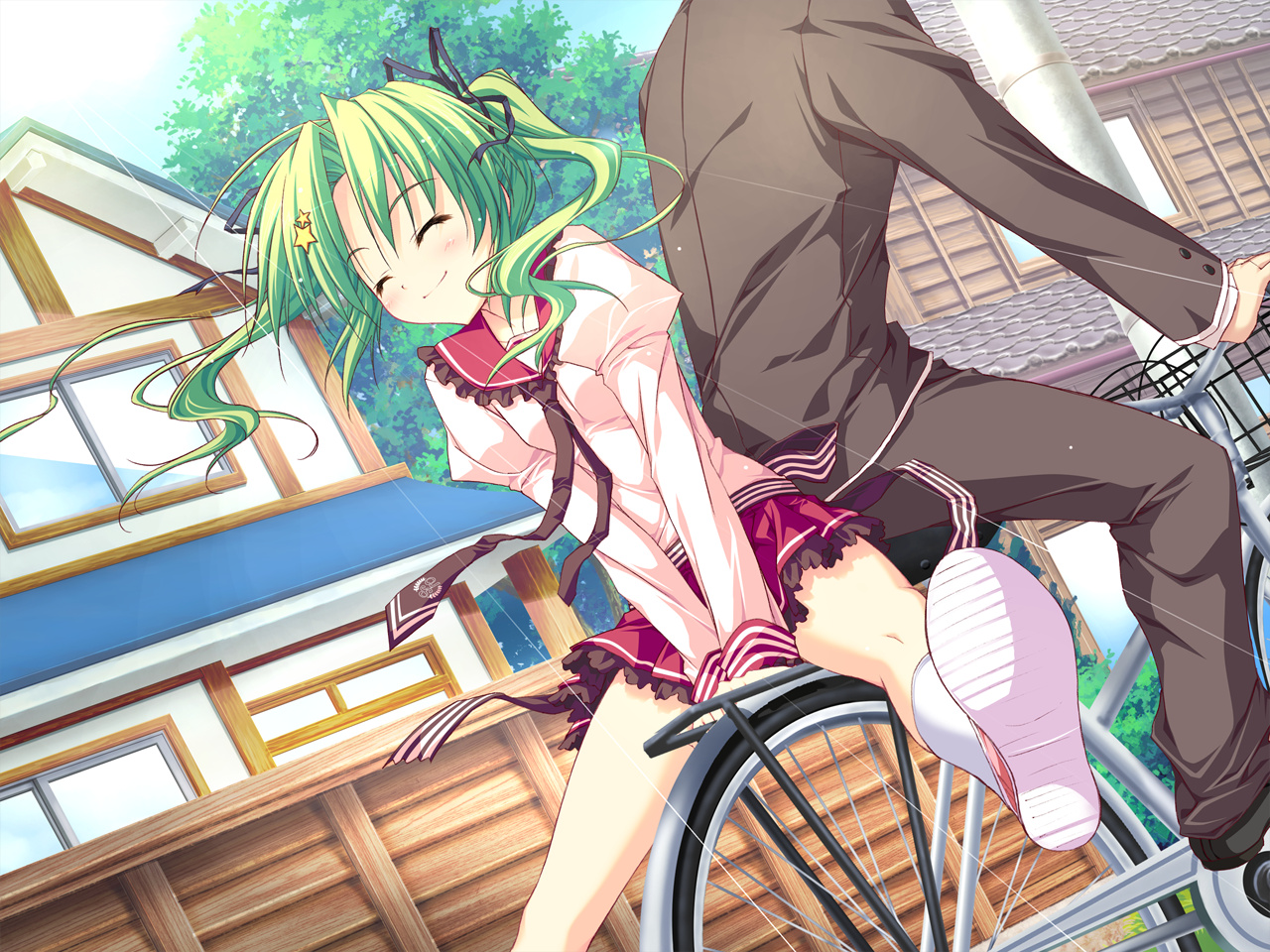bicycle, feng, game_cg, green_hair, hoshizora_e_kakaru_hashi, ryohka, school_uniform, tie, toudou_koyori, twintails