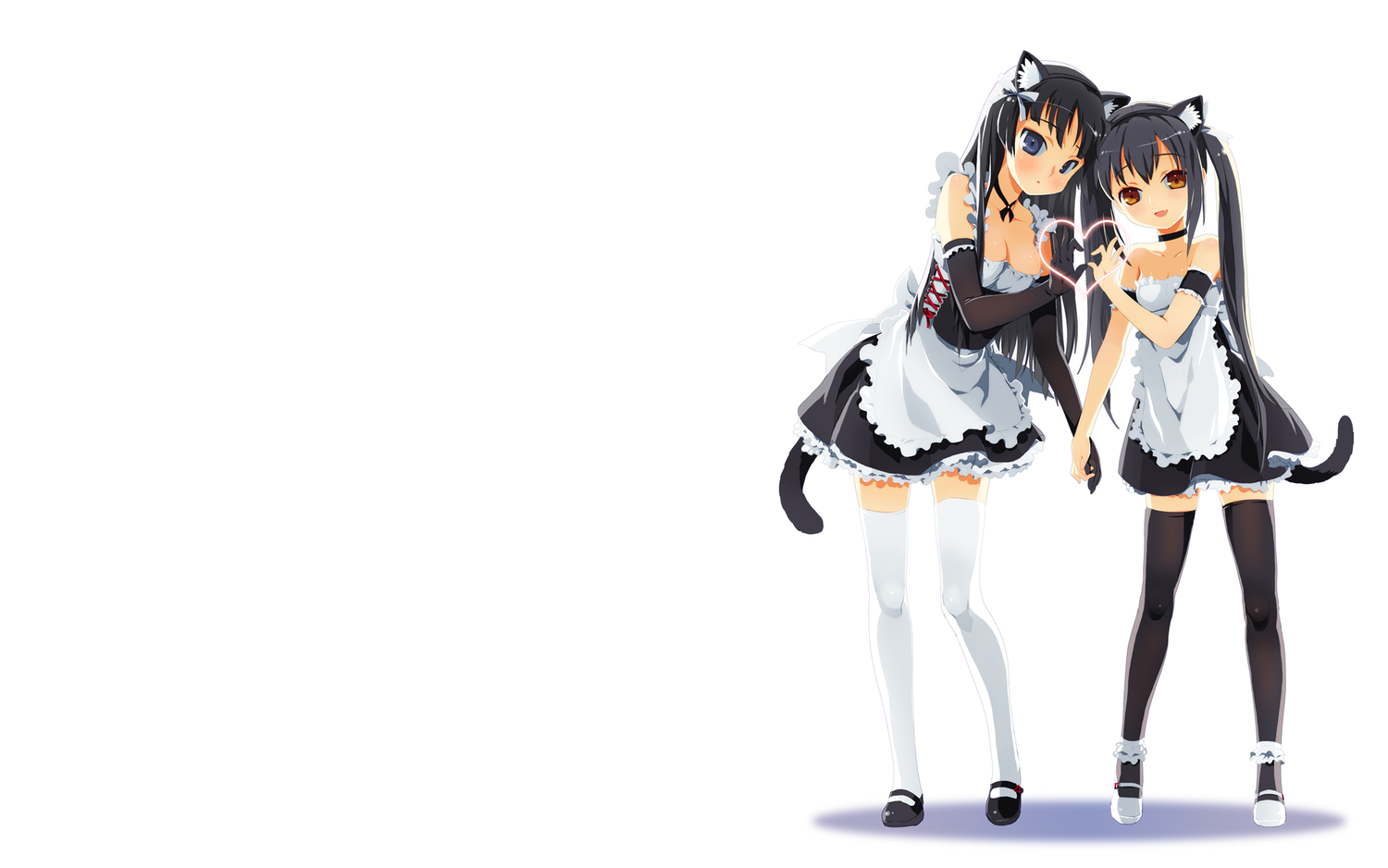 2girls, akiyama_mio, animal_ears, black_hair, blue_eyes, breasts, brown_eyes, catgirl, cleavage, elbow_gloves, fang, gloves, k-on!, long_hair, maid, nakano_azusa, neko_sakana, tail, thighhighs, twintails, white