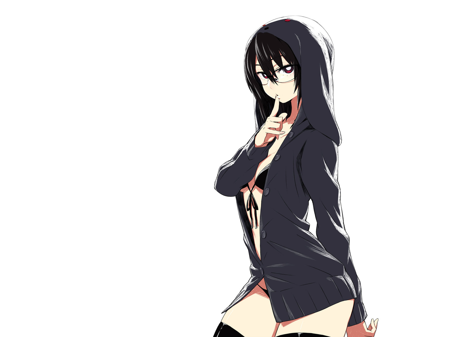 bikini, black_hair, chan×co, darth_wooser, glasses, red_eyes, swimsuit, thighhighs, white, wooser_no_sono_higurashi