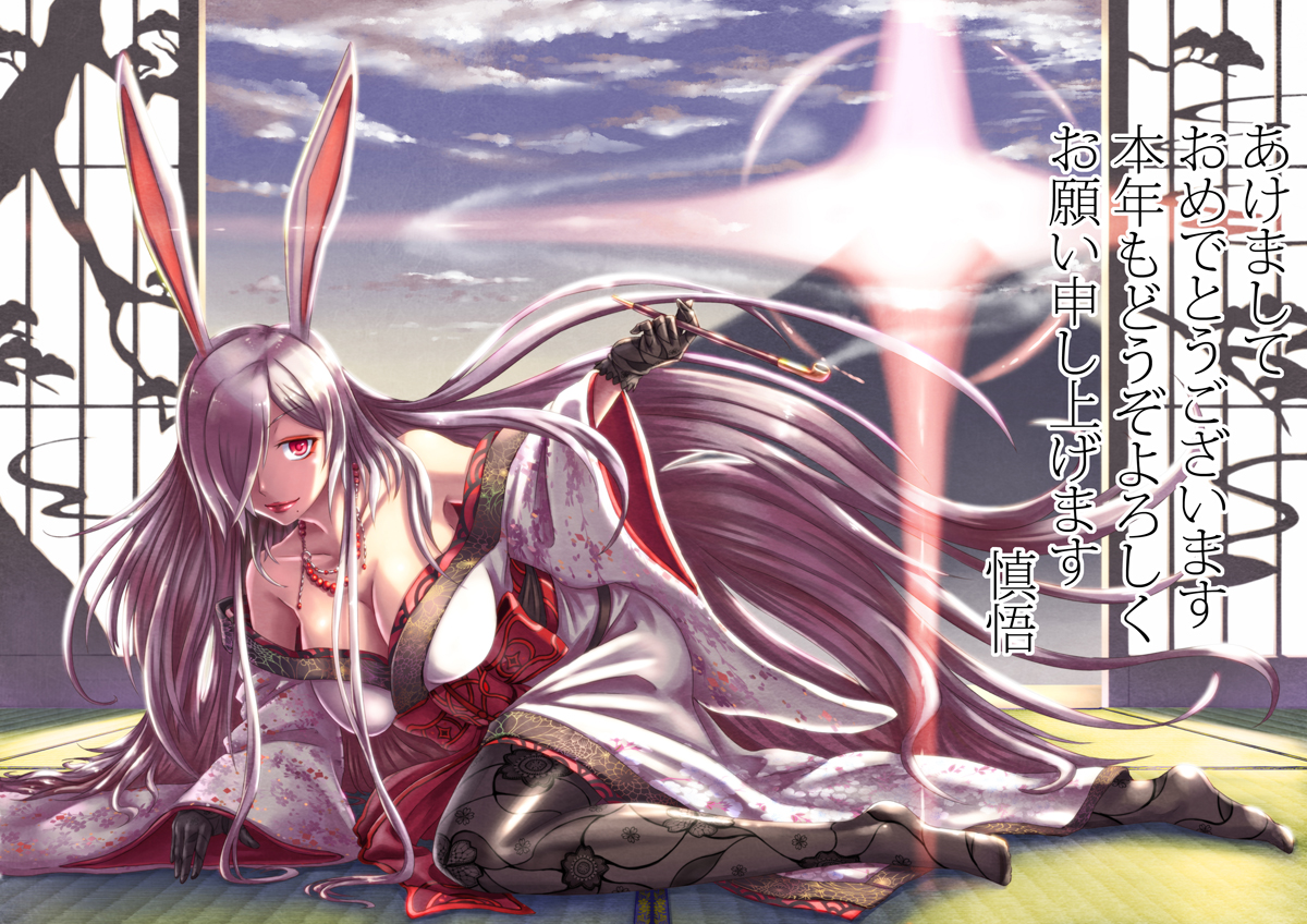 animal_ears, breasts, bunny_ears, bunnygirl, cleavage, clouds, japanese_clothes, kimono, long_hair, original, pantyhose, purple_hair, red_eyes, shingo_(picturepuzzle), sky