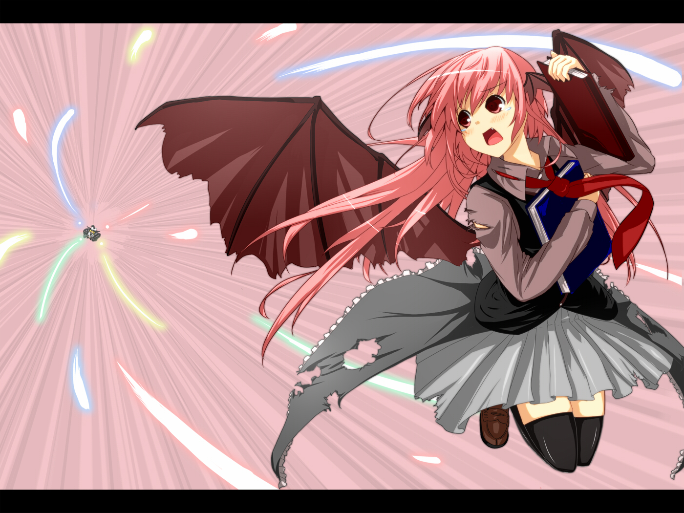 aemoti, book, demon, kirisame_marisa, koakuma, long_hair, pink_hair, red_eyes, thighhighs, tie, torn_clothes, touhou, wings, witch
