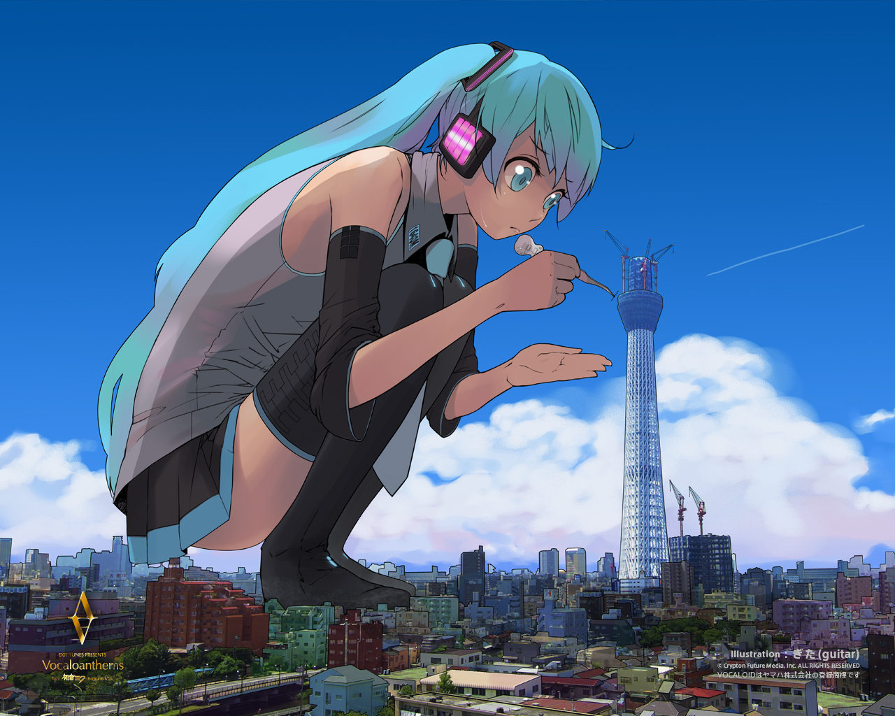aqua_eyes, aqua_hair, building, city, guitar_(artist), hatsune_miku, scenic, sky