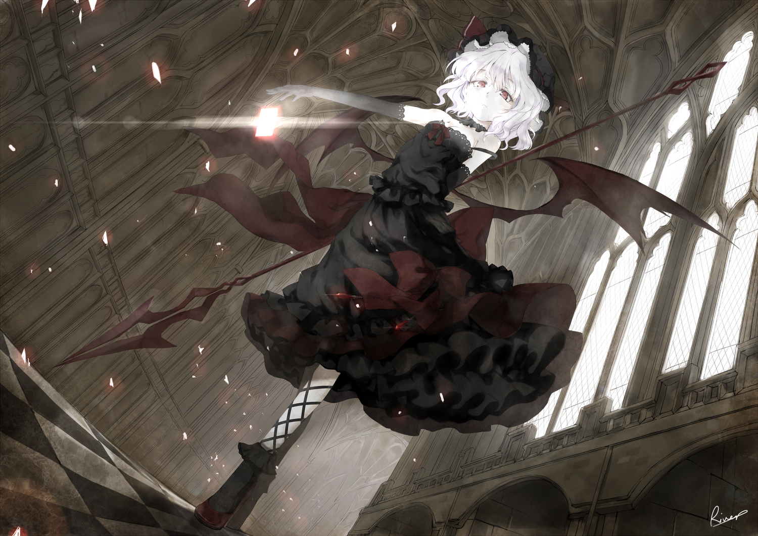 alongriver, breasts, cleavage, dress, goth-loli, lolita_fashion, red_eyes, remilia_scarlet, short_hair, touhou, vampire, weapon, white_hair, wings