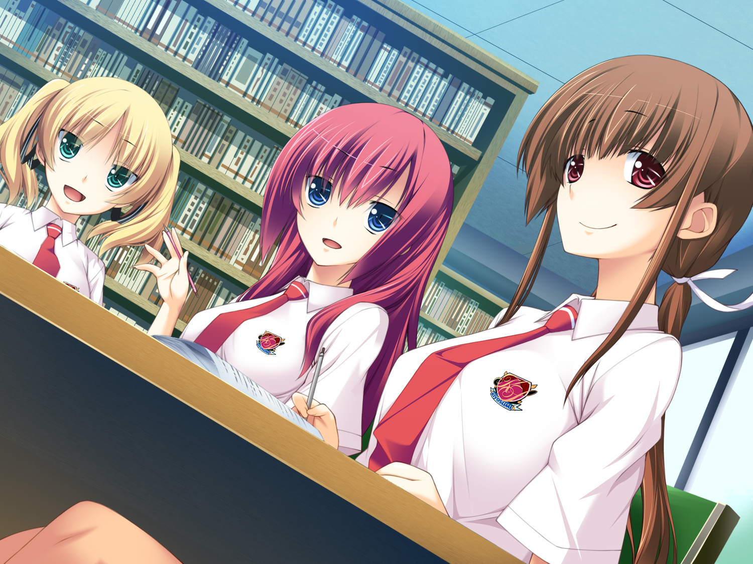 all-time, blonde_hair, blue_eyes, brown_hair, futsu_janai, game_cg, green_eyes, himesawa_sayaka, natsukawa_akane, red_eyes, red_hair, sakurazaki_kotoko, school_uniform, tie, twintails