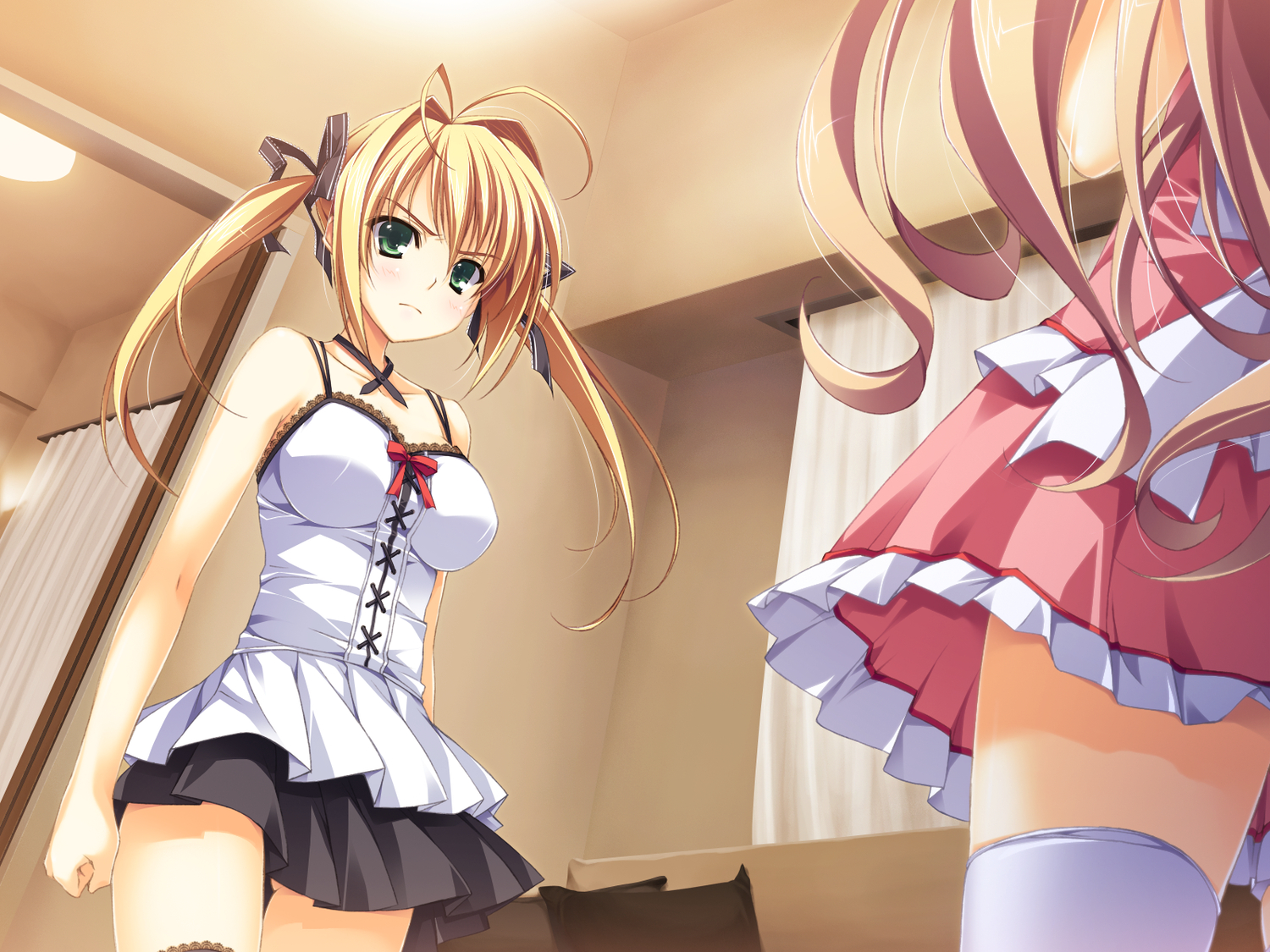 akabeisoft2, blonde_hair, game_cg, green_eyes, kamiyama_reika, kourin_no_machi_lavender_no_shoujo, riko_sada, thighhighs, twintails, yuuki_hagure