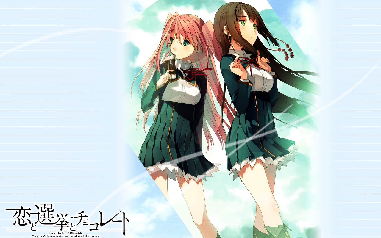 akinashi_yuu, brown_hair, green_eyes, koi_to_senkyo_to_chocolate, pink_hair, school_uniform, shinonome_satsuki, sumiyoshi_chisato