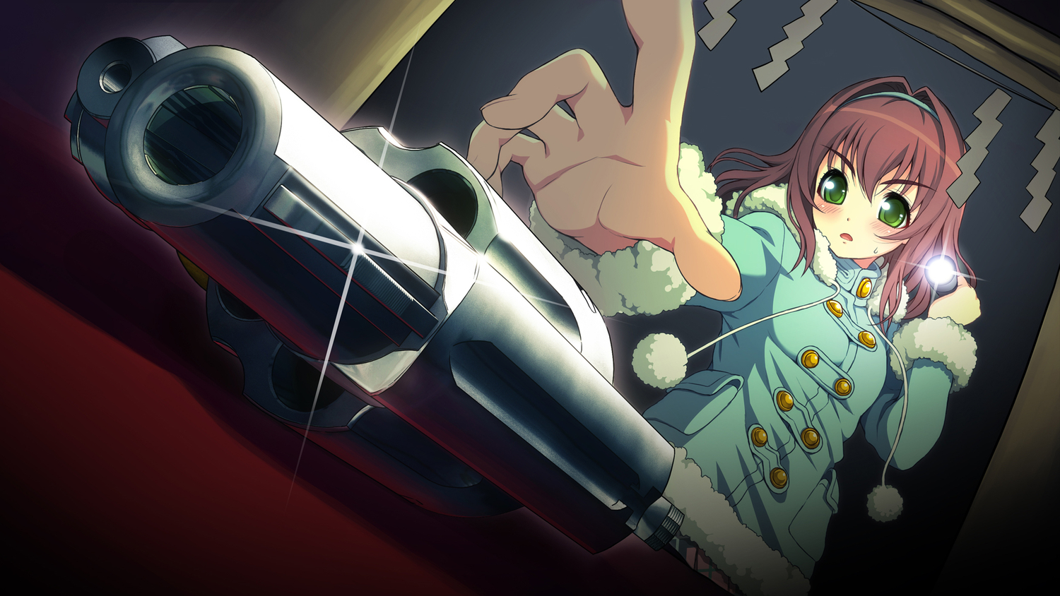 axanael, fujimi_ena, game_cg, green_eyes, gun, nitroplus, red_hair, tsuji_santa, weapon